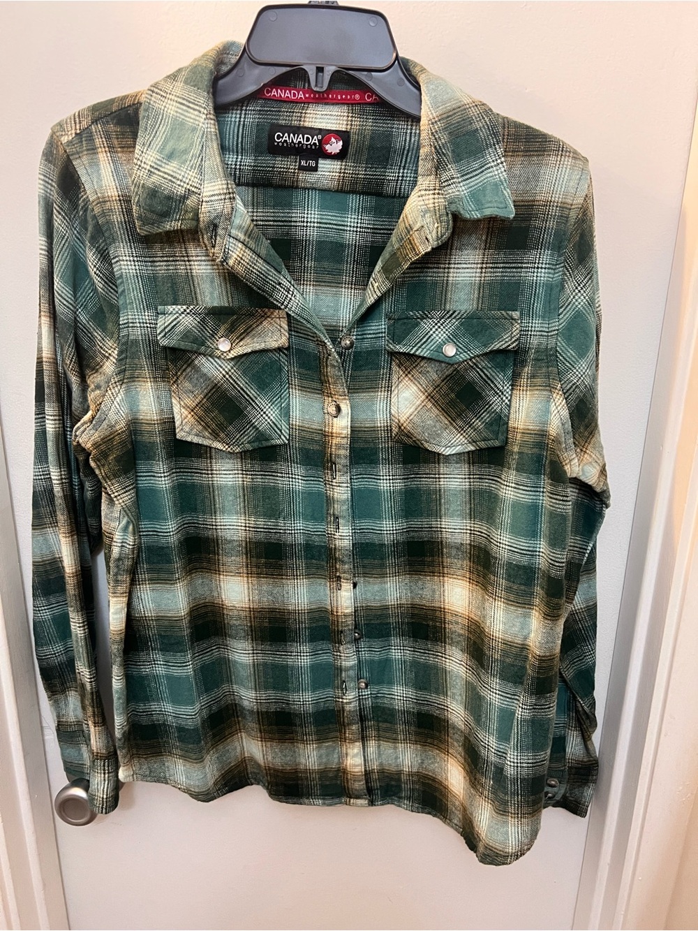 Canada Weather Gear Women's Green Plaid Button-Down Shirt